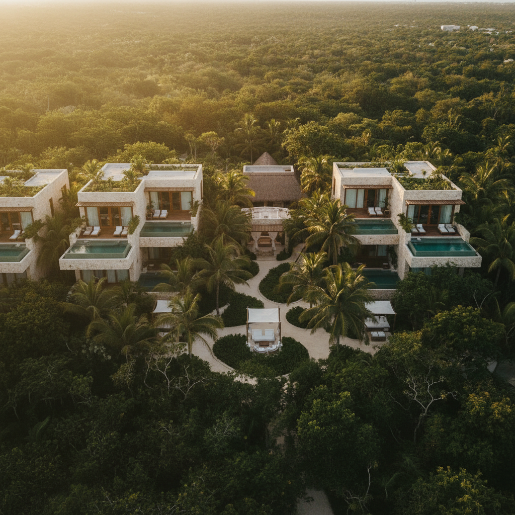 Vista aérea de un hotel boutique de lujo en la selva de Tulum