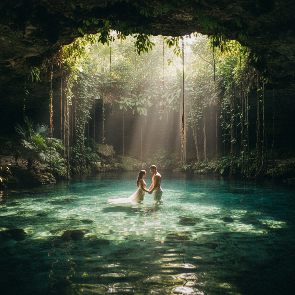 Pareja nadando en un cenote en la Riviera Maya, experiencia clave de una luna de miel en Tulum