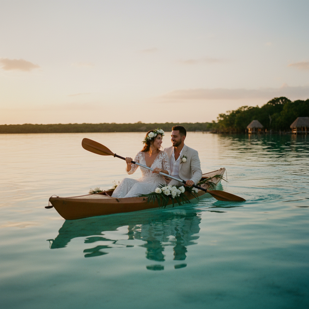 Pareja recién casada disfrutando de un paseo en kayak por las aguas turquesas de la Laguna de Bacalar al atardecer, celebrando su luna de miel.