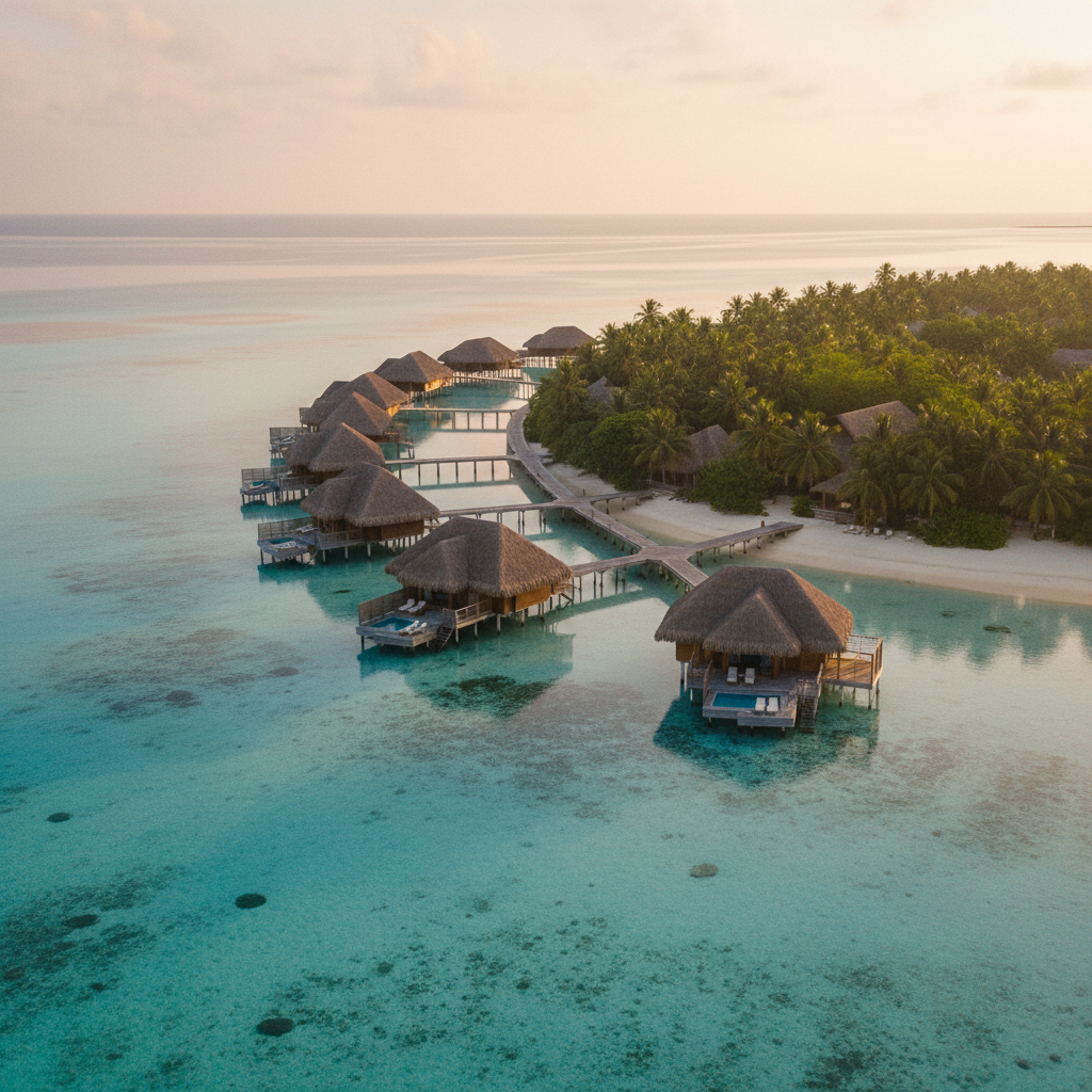 Vista aérea de bungalows de lujo sobre la laguna de Bacalar al amanecer, con agua turquesa cristalina y calma.