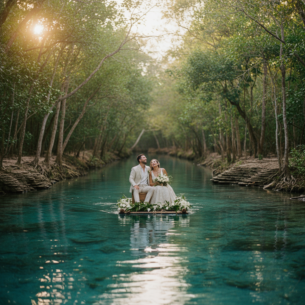 Una pareja flota relajadamente en el canal de Los Rápidos de Bacalar, el agua es cristalina y se ven estromatolitos en las orillas.