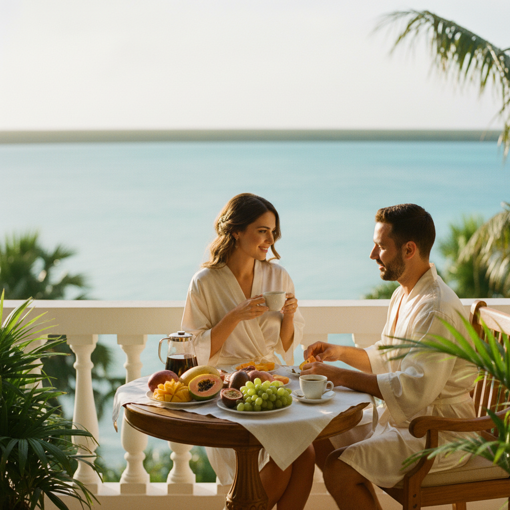 Pareja tomando desayuno en el balcón privado de su suite de hotel con vista a la laguna de Bacalar, con frutas tropicales y café.