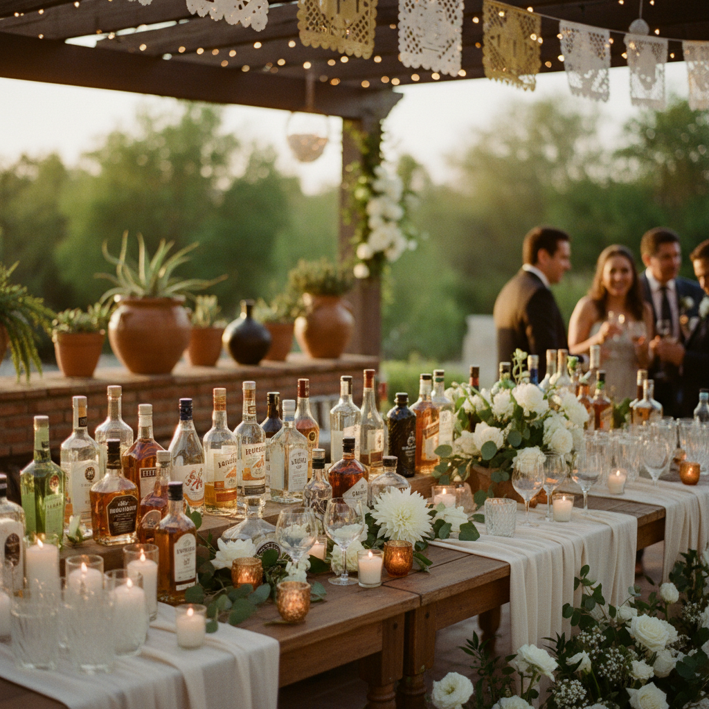 Mesa de barra libre con diferentes bebidas y vasos en una boda elegante en México, con luces cálidas de fondo.