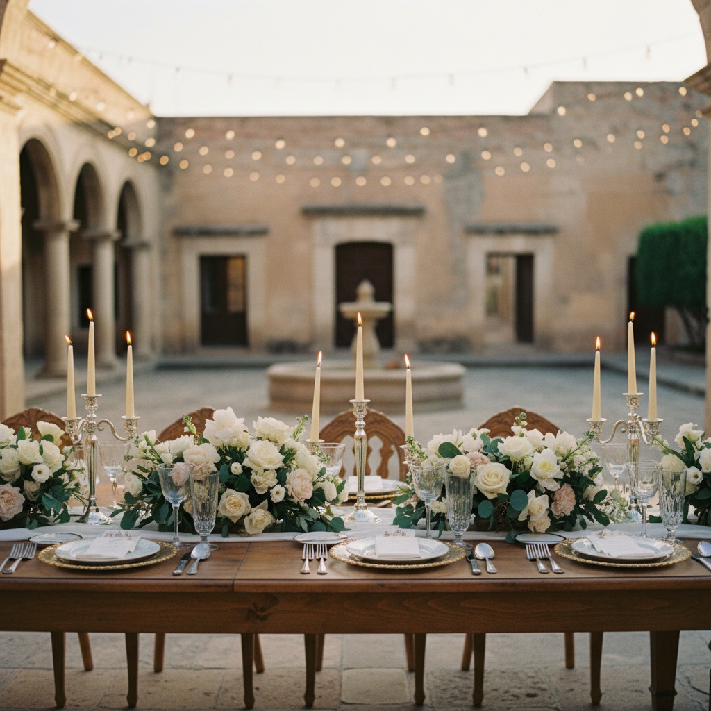 Mesa de banquete de boda elegante con arreglos florales, cristalería fina y vajilla en un salón histórico de Puebla.