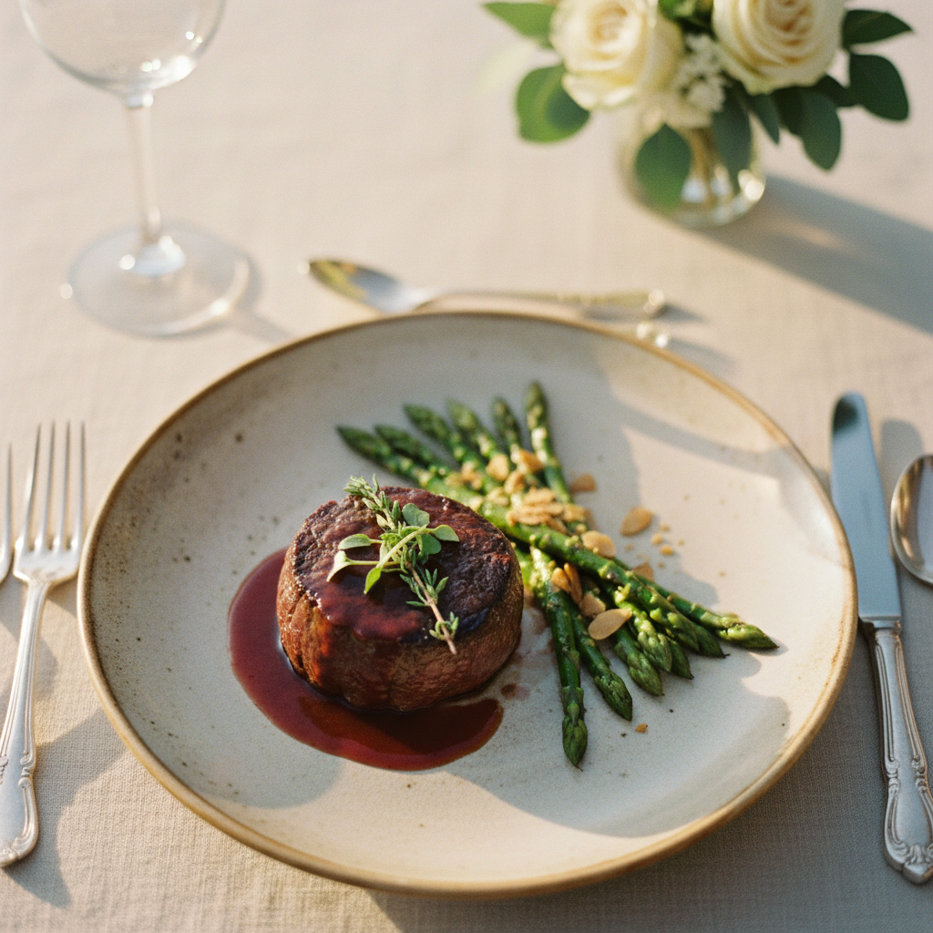 Vista cenital de un platillo principal gourmet en una boda, un medallón de filete con salsa de vino tinto y espárragos, en un plato de cerámica artesanal.