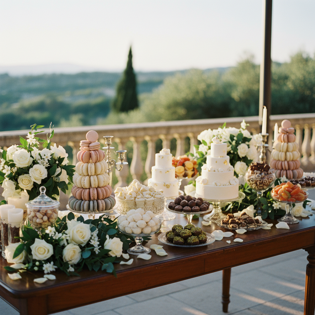 Una elegante mesa de postres en una boda, llena de macarrones, mini pasteles, trufas y flores frescas.