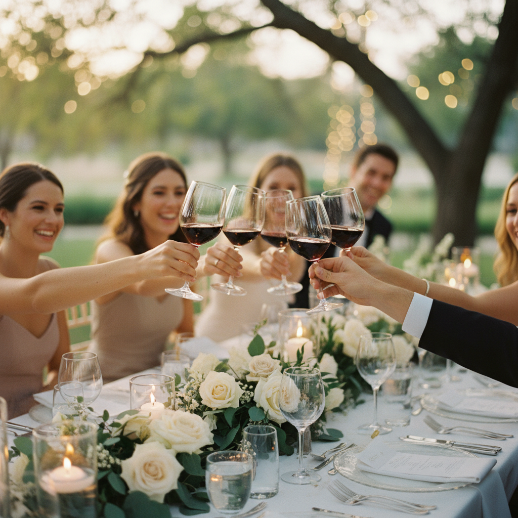 Un grupo de invitados de boda brindando con copas de vino tinto en una mesa elegantemente decorada durante la cena.