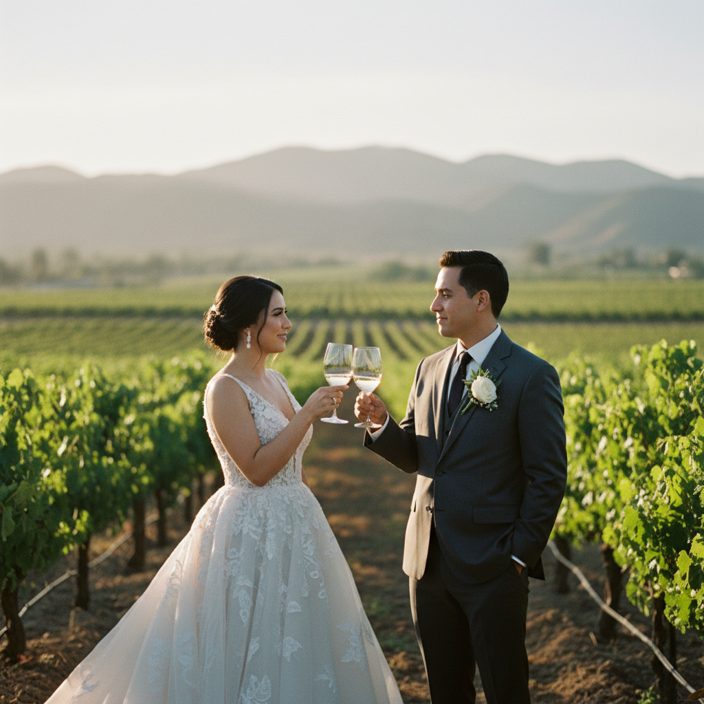 Pareja de recién casados brindando con copas de vino en un viñedo al atardecer en Valle de Guadalupe, con luz dorada y montañas al fondo.