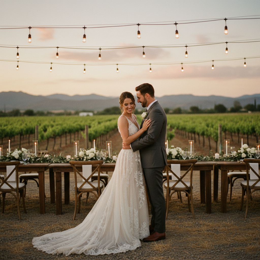 una pareja de novios en una boda al atardecer en un viñedo de Valle de Guadalupe, con iluminación cálida y ambiente rústico elegante