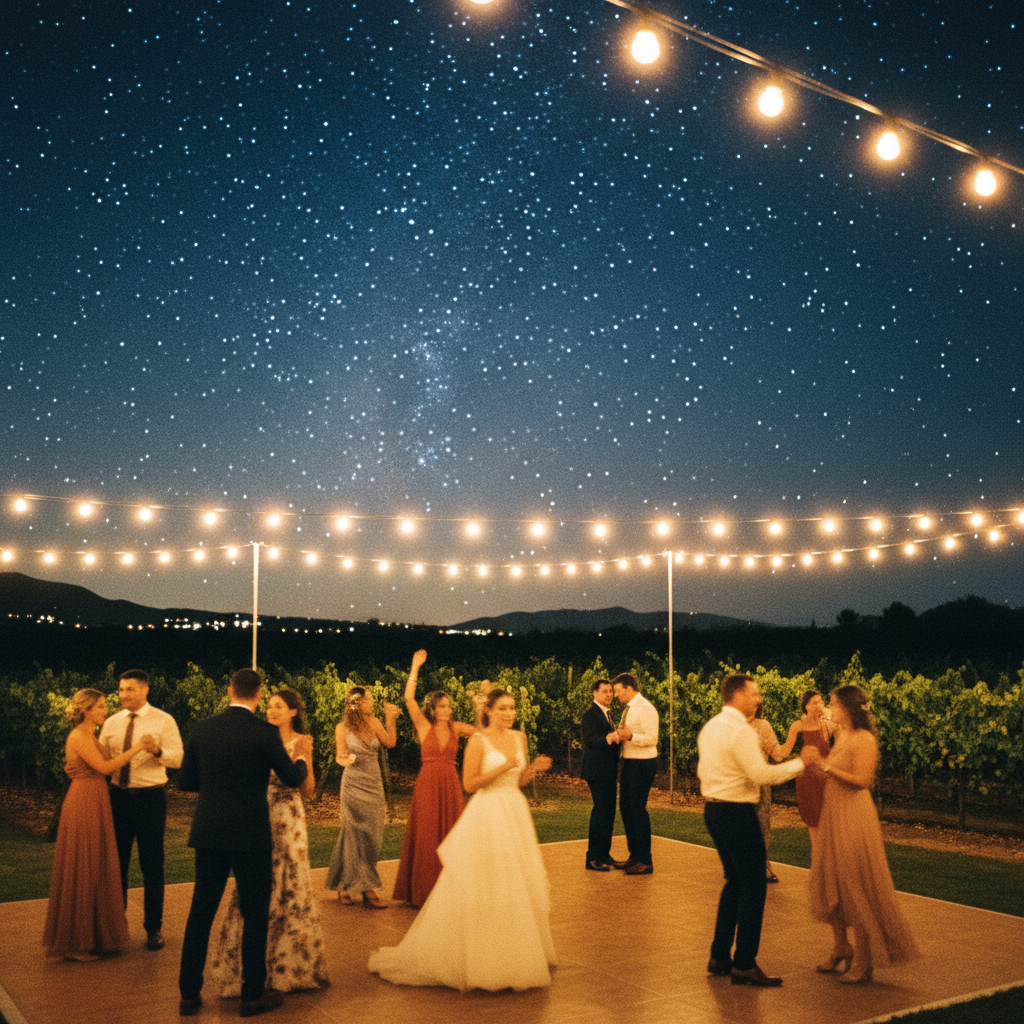 pista de baile al aire libre en una boda en un viñedo, con invitados bailando bajo luces de verbena y un cielo estrellado