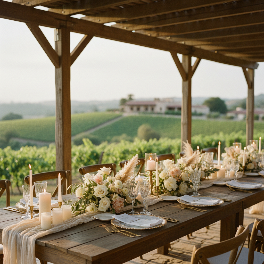 mesa de banquete elegantemente decorada para una boda en Valle de Guadalupe, con arreglos florales bajos, velas y vista a los viñedos