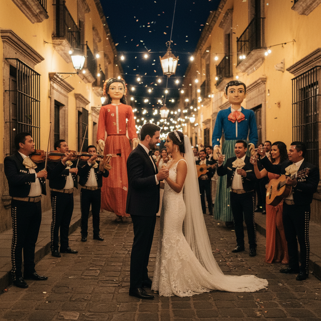 Pareja de recién casados, novios, bailando en una callejoneada nocturna por las calles empedradas de San Miguel de Allende, México, rodeados de mariachis, mojigangas gigantes y sus invitados con jarritos de tequila, en un ambiente festivo con luces cálidas.