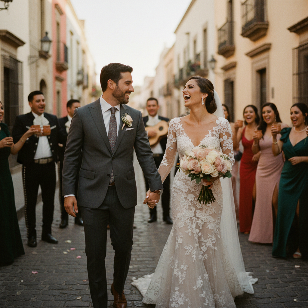 Una pareja de novios sonríe mientras camina en medio de una callejoneada, rodeados de invitados con jarritos de barro en San Miguel de Allende.