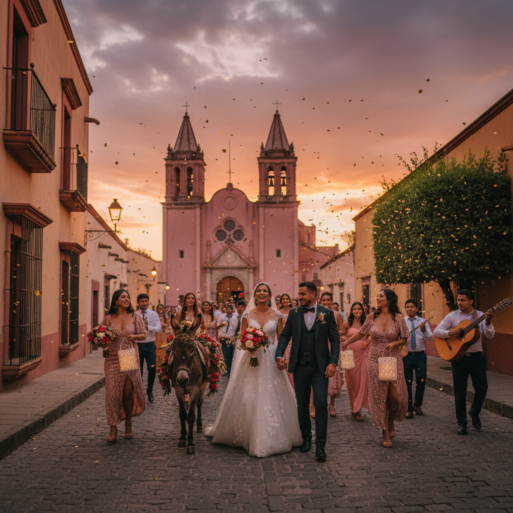Vista panorámica de una callejoneada descendiendo por una calle empedrada en San Miguel de Allende al atardecer, la Parroquia de San Miguel Arcángel visible al fondo.