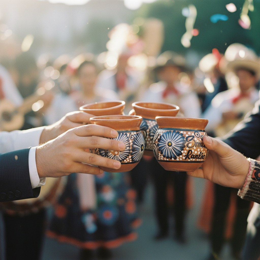Invitados a una boda sosteniendo y brindando con jarritos de barro personalizados durante una callejoneada, con un enfoque suave en los detalles pintados a mano de los jarritos.
