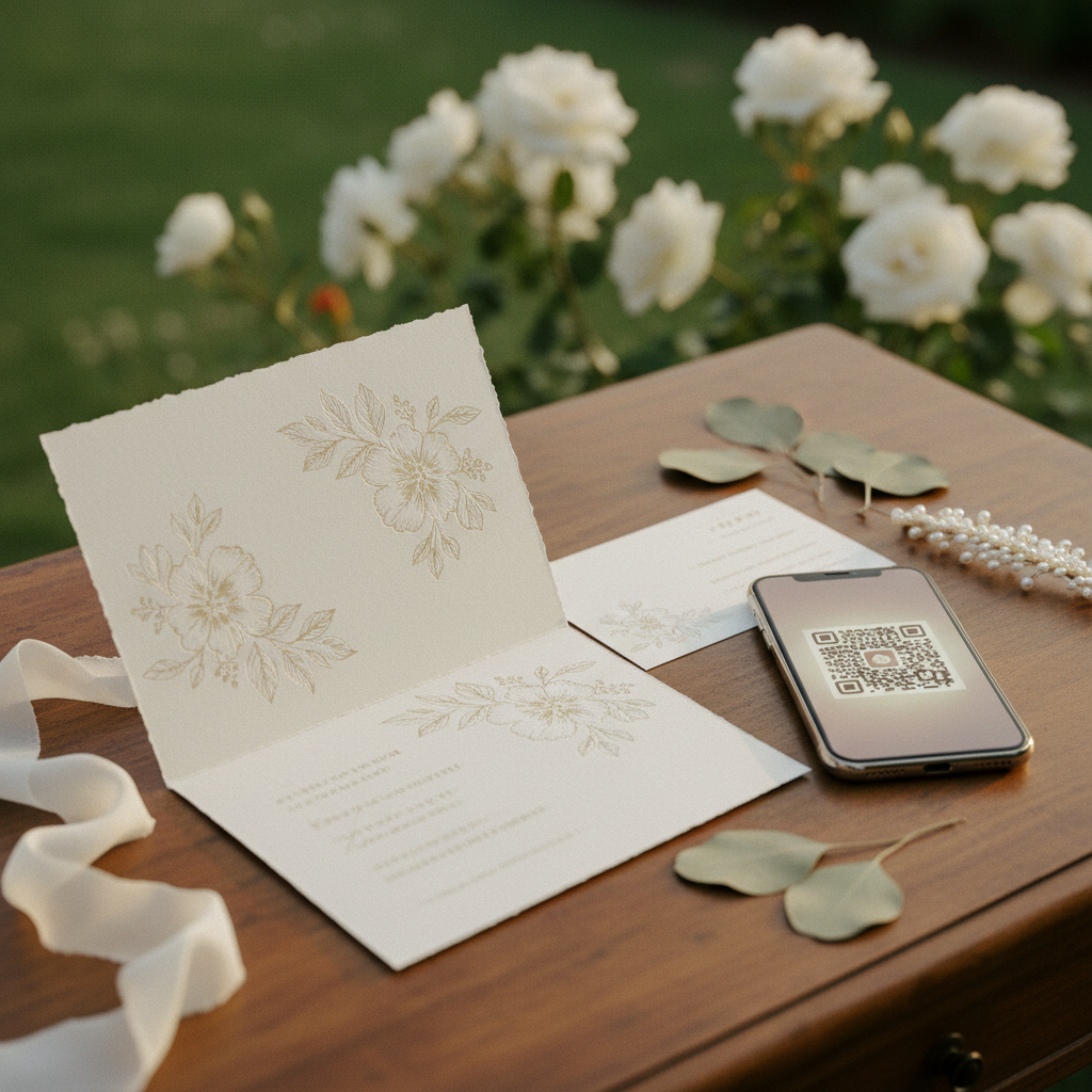 Una invitación de boda abierta mostrando una tarjeta de RSVP tradicional junto a un smartphone con un código QR de RSVP digital en pantalla, con un fondo suave y romántico.