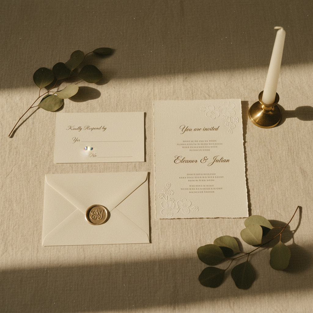 Detalle de un set de invitación de boda con tarjeta de RSVP tradicional, representando la elección entre RSVP digital vs tradicional.
