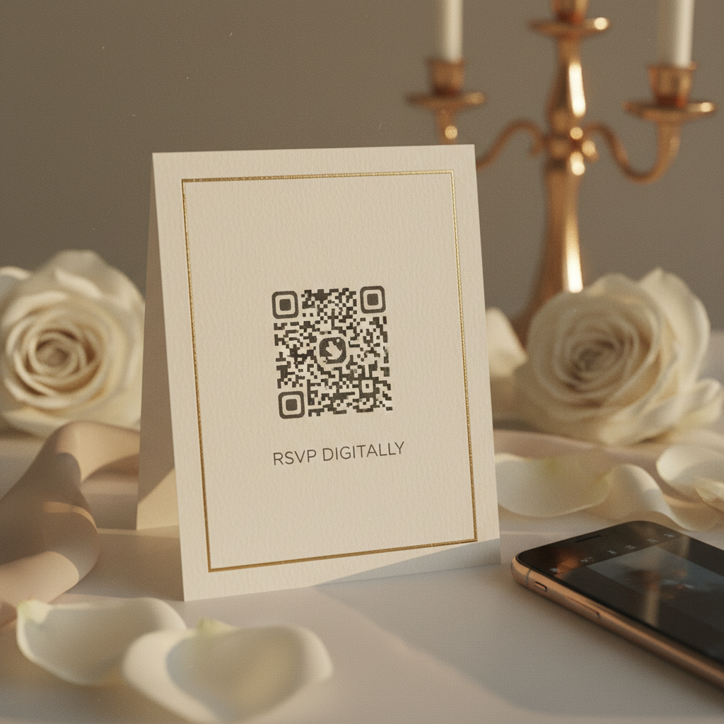 Invitación de boda moderna con un código QR para RSVP digital, mostrando la opción moderna de RSVP digital vs tradicional.