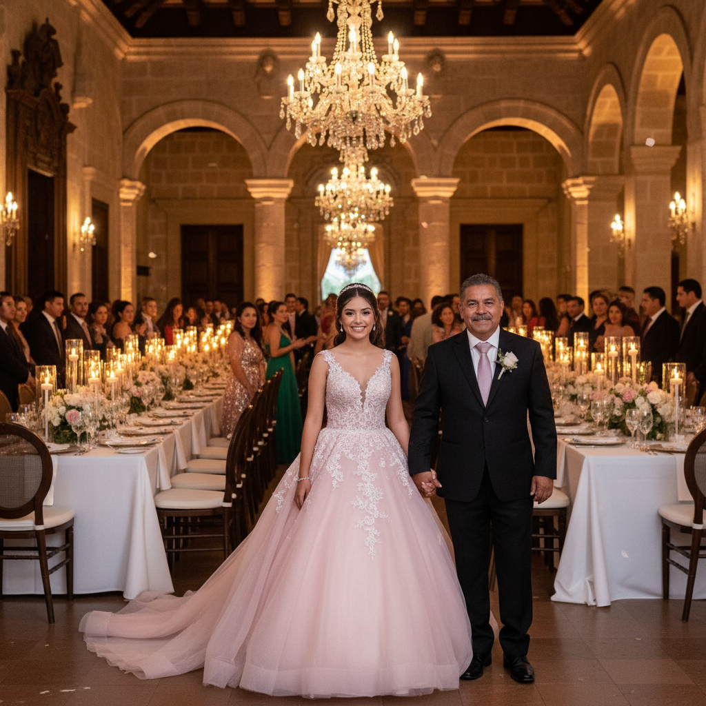 Quinceañera mexicana elegante acompañada de sus padrinos en recepción festiva con flores de lujo