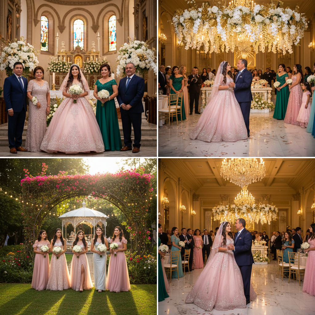 padrinos de xv anos en ceremonia religiosa en iglesia mexicana