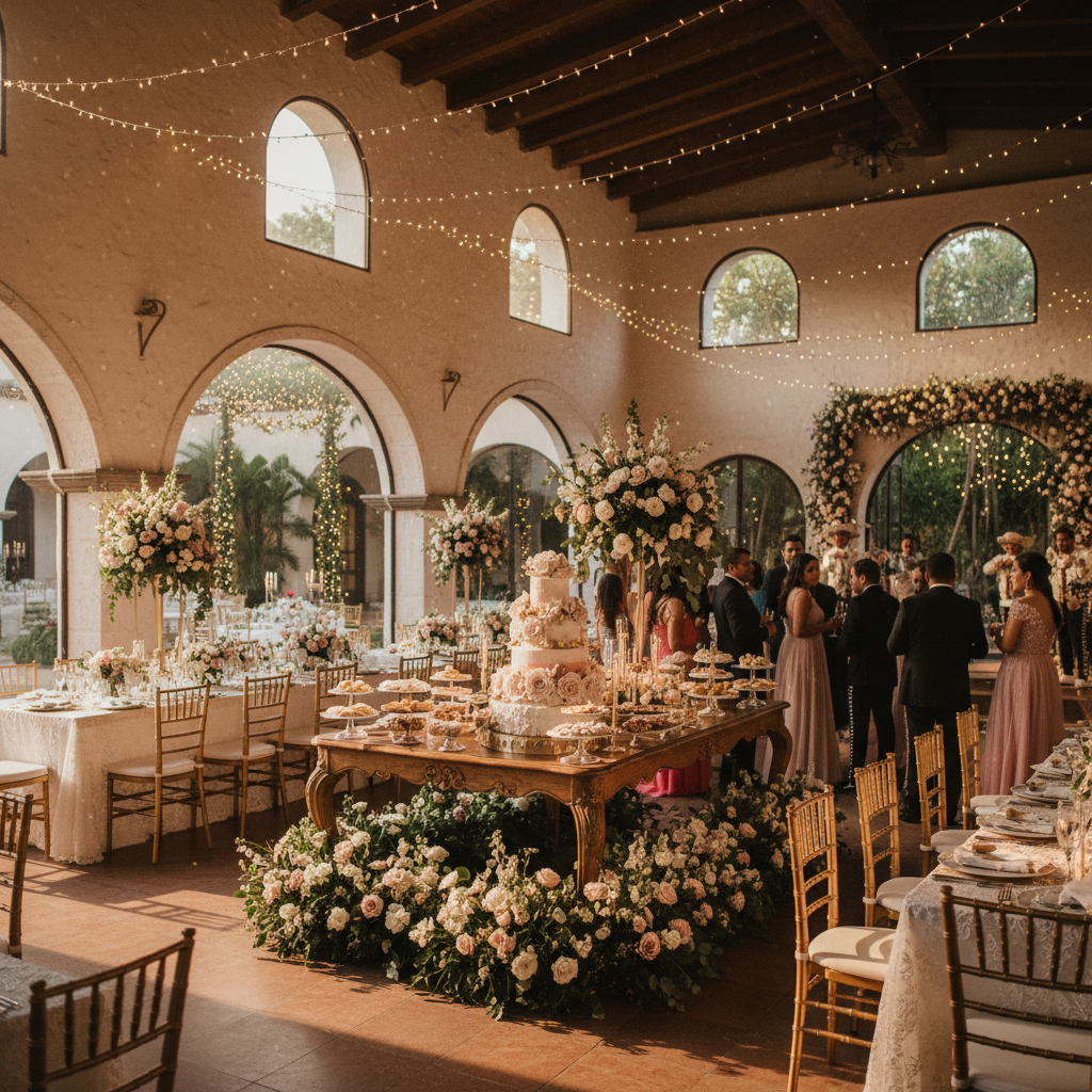 mesa de dulces y pastel elegante en recepcion de xv anos