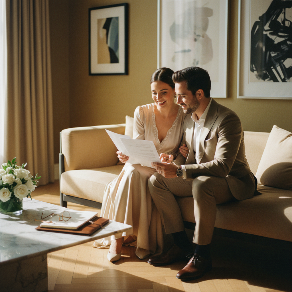 Pareja feliz y elegante sentada en un sofá moderno, discutiendo documentos importantes para su boda civil, con un ambiente cálido y sofisticado. La mujer sostiene unos papeles mientras el hombre escucha atentamente, ambos vestidos con ropa semiformal.