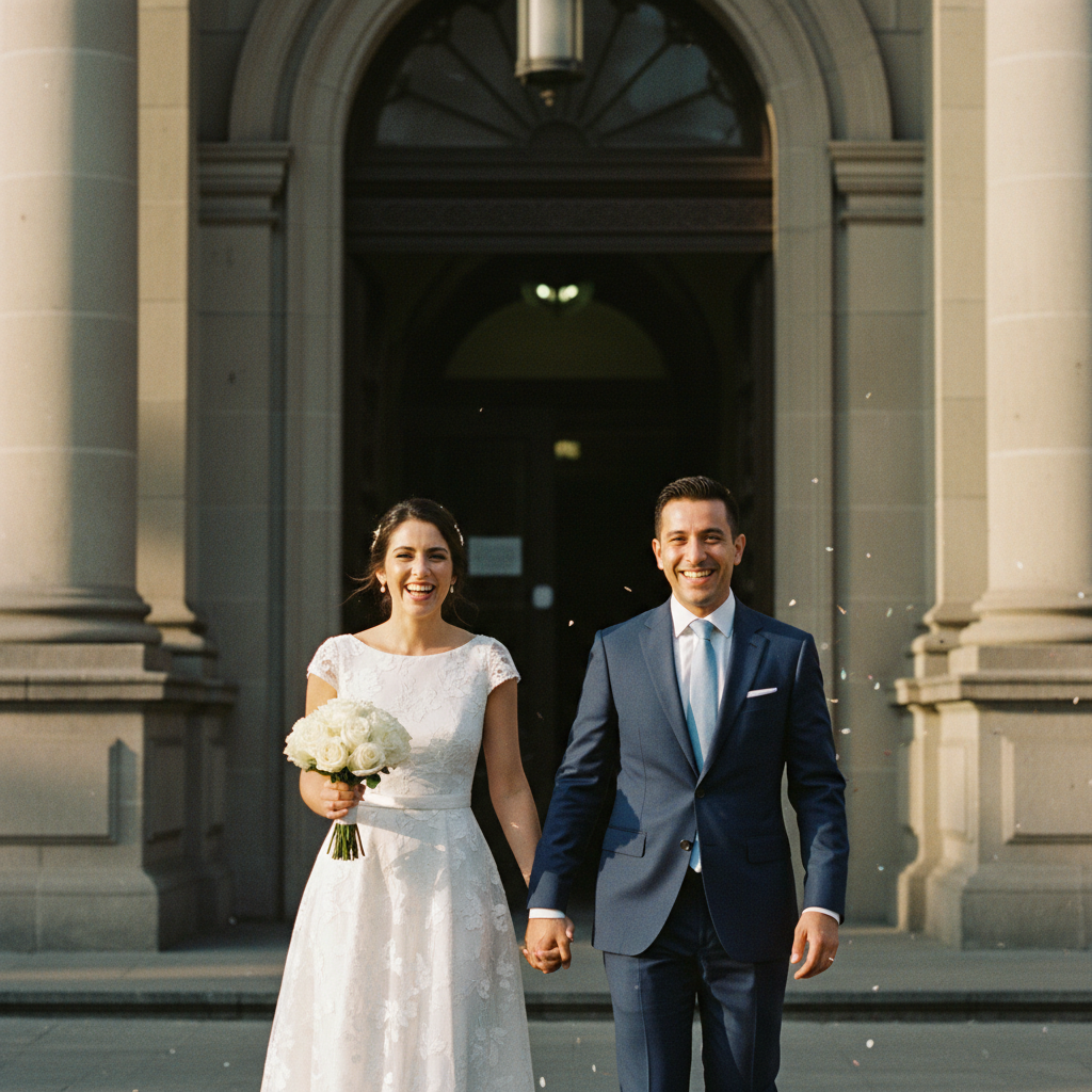 Pareja de novios sonriendo y saliendo de un juzgado del Registro Civil en la Ciudad de México, recién casados, con papeles en mano, estilo editorial de boda.
