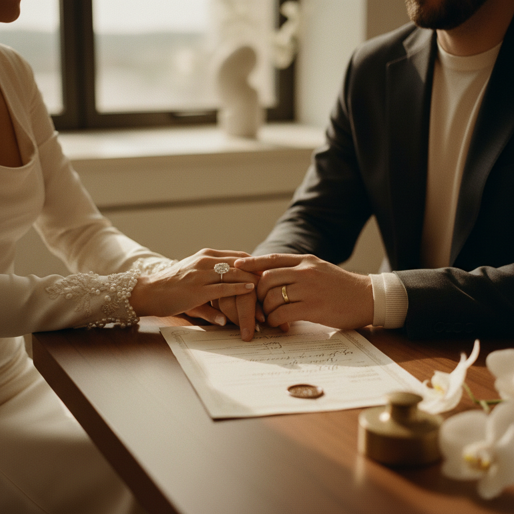 Fotografía editorial de una pareja joven y estilosa, firmando sonrientes su acta de matrimonio en un escritorio de madera elegante.