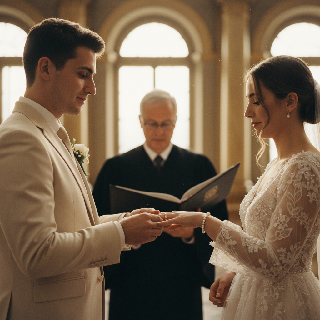 Una imagen de las manos de una pareja intercambiando anillos de boda, con el juez y el libro del registro civil borrosos en el fondo.