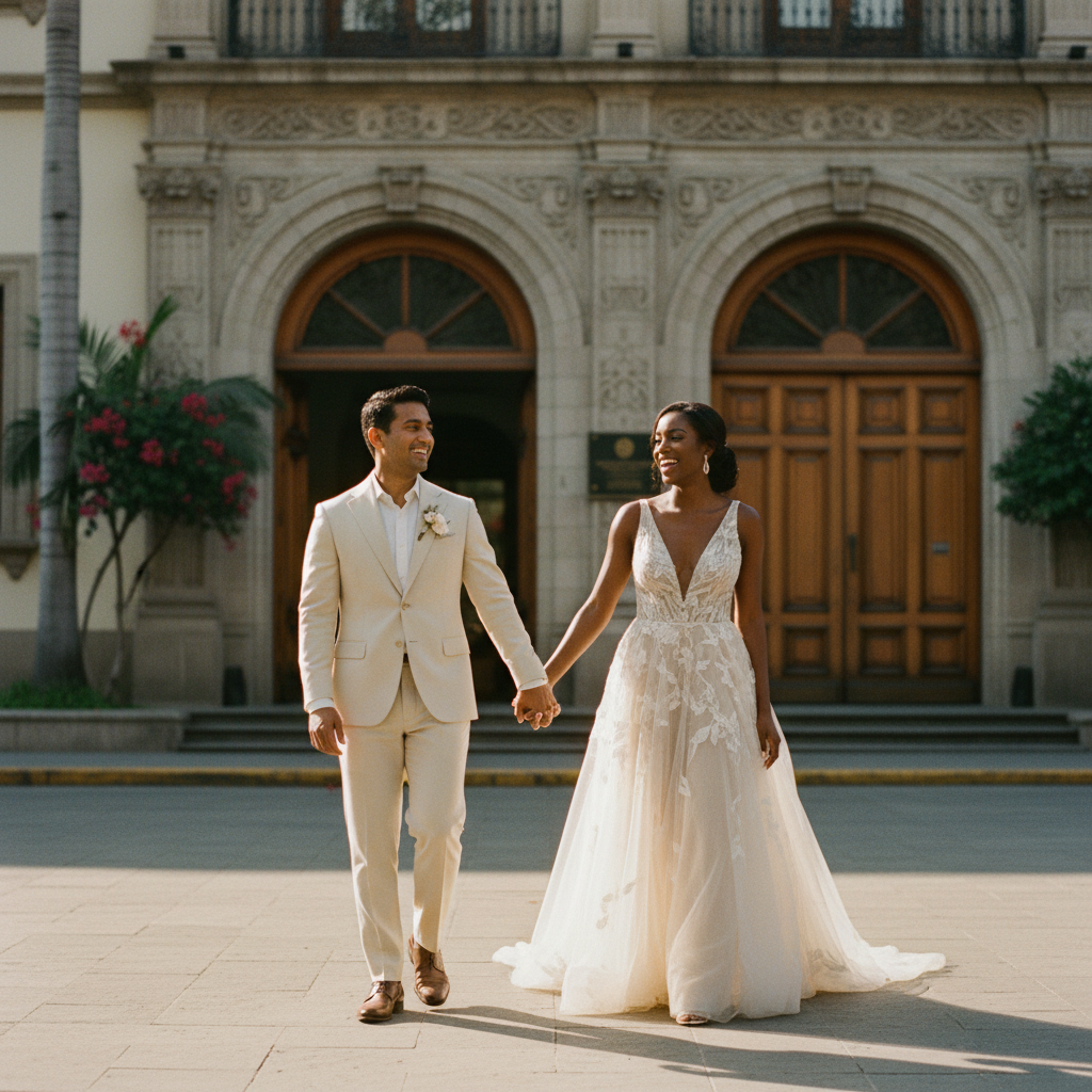 Una pareja diversa y elegante se toma de la mano frente a la fachada de un edificio del Registro Civil en la Ciudad de México, sonriendo.
