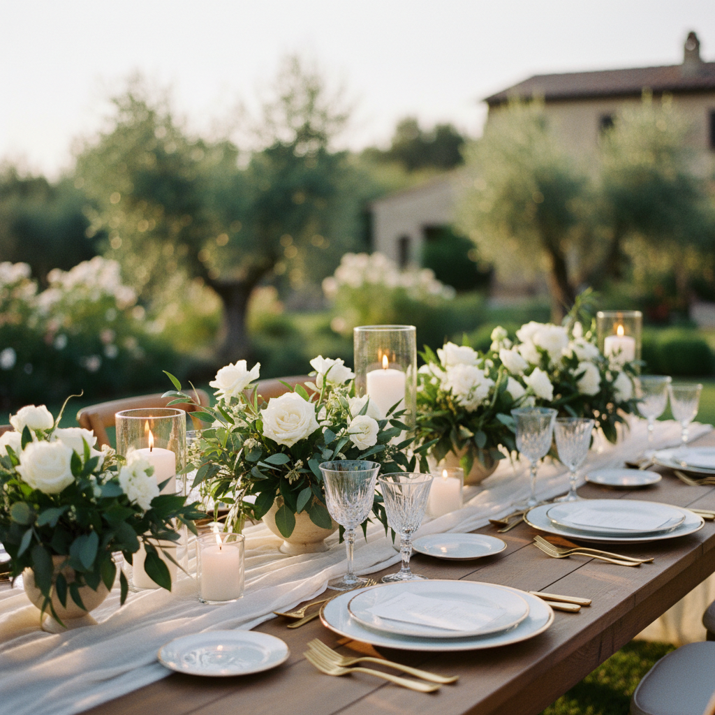 Una mesa de boda elegantemente decorada con flores frescas, vajilla fina y copas de cristal, lista para la recepción nupcial.