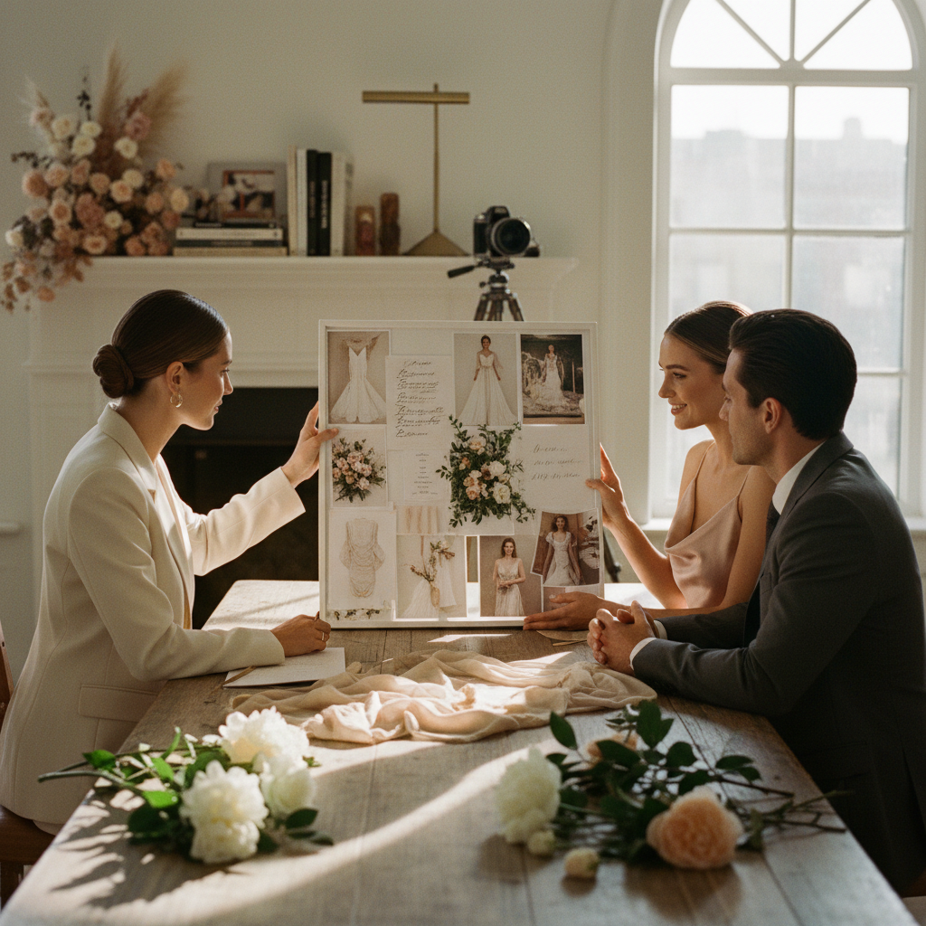 Una wedding planner revisando un moodboard con una pareja en una oficina de diseño elegante, con muestras de telas y flores.