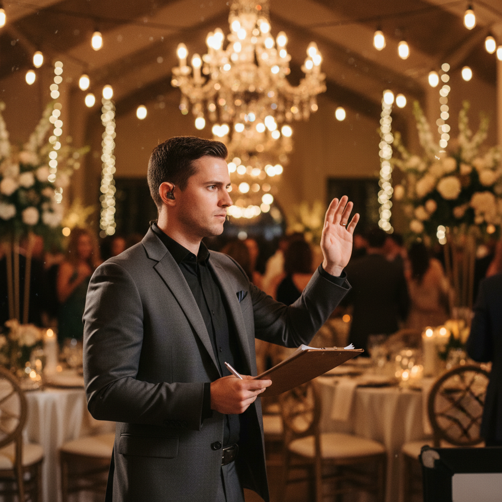 Un coordinador de día con audífono y clipboard, discretamente dando una señal a un DJ en una boda elegante.