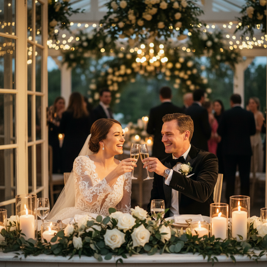 Pareja feliz y relajada brindando con champaña en su mesa de novios, sabiendo que su boda está en manos expertas.