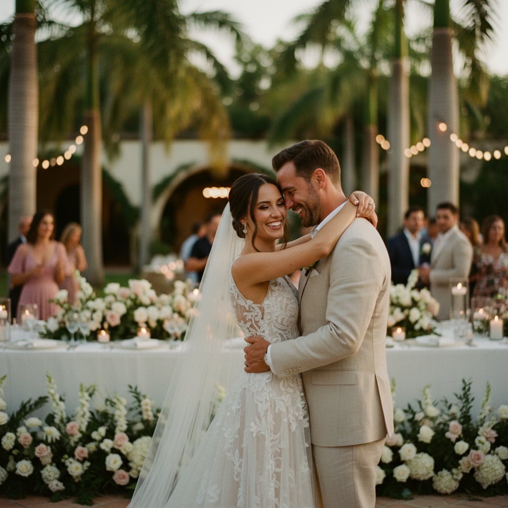 Pareja de novios sonriendo y abrazándose en su boda, con un fondo festivo y elegante, representando la alegría de una boda bien planeada.