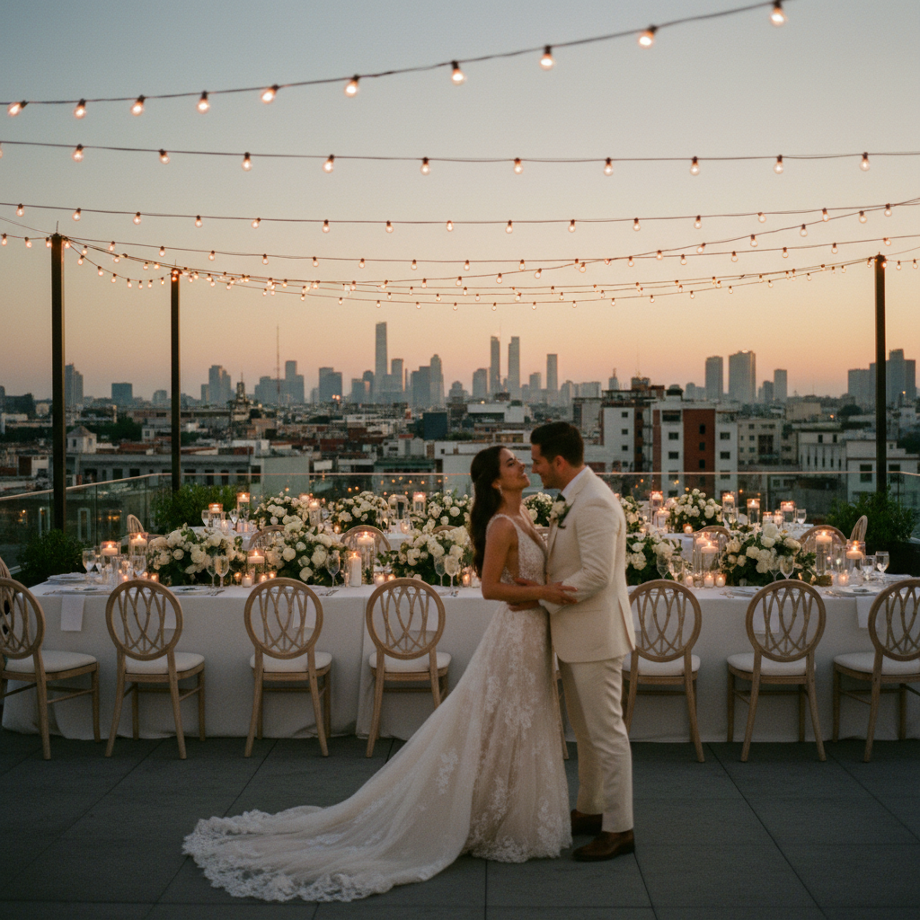 Vista panorámica de una boda íntima en una terraza de la colonia Roma en CDMX, con 100 invitados sentados en mesas redondas bajo luces de verbena.