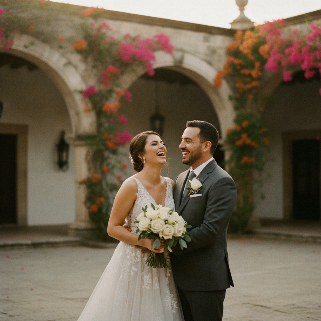 Una pareja de novios ríe mientras son fotografiados en el patio de una hacienda en Querétaro, con arcos de piedra y buganvillas de fondo.