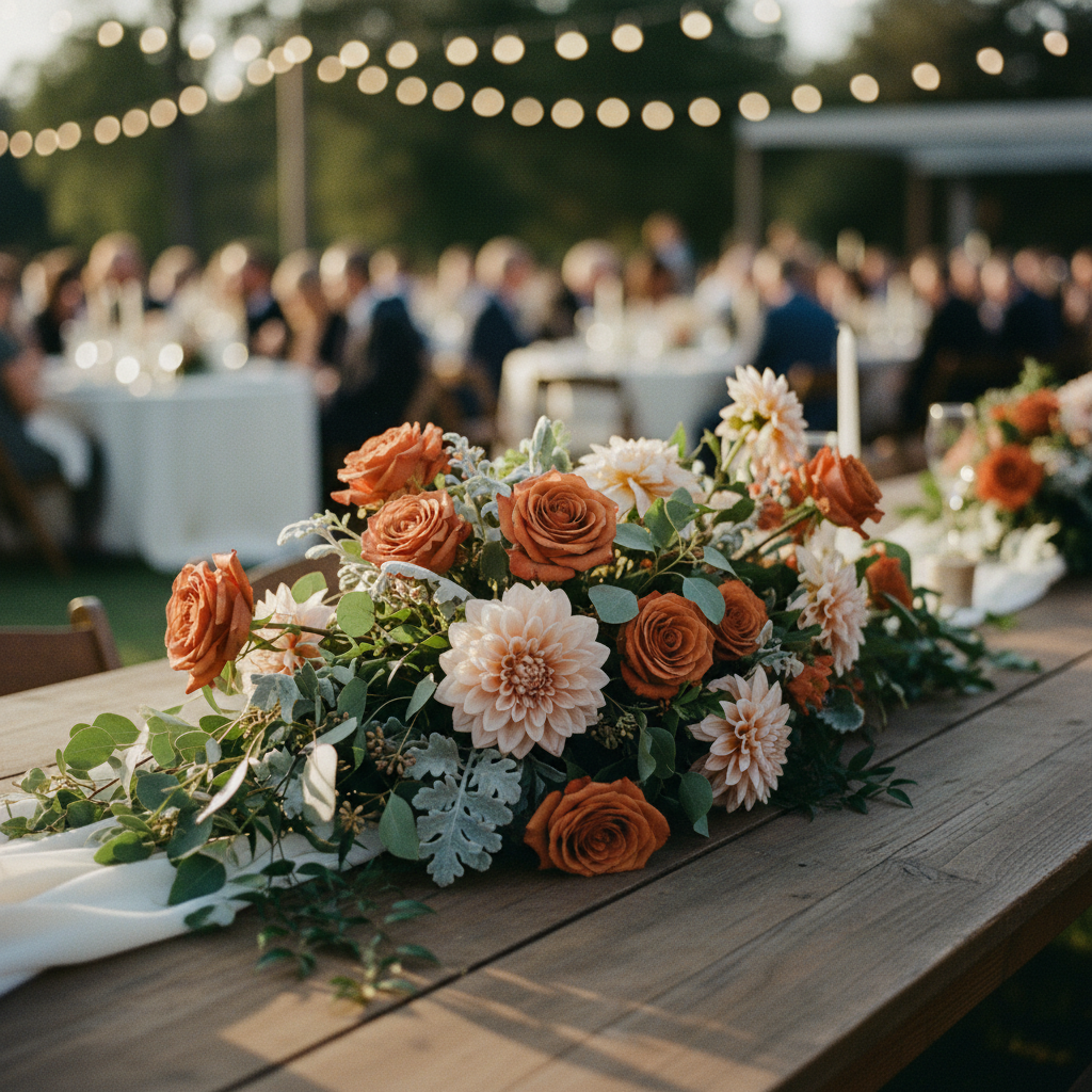 Centro de mesa bajo y orgánico con rosas, eucalipto y dalias en tonos terracota y blush sobre una mesa de madera para una boda de 100 invitados.