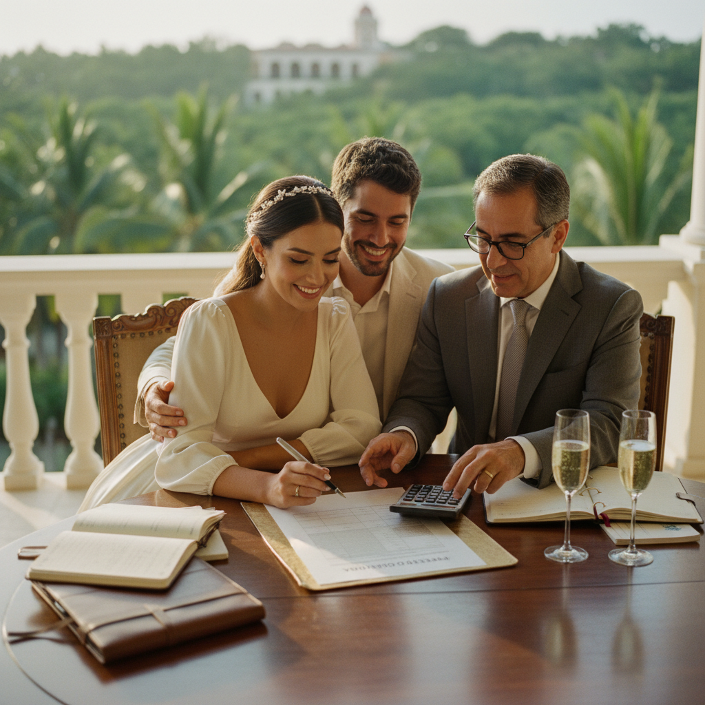 Pareja de recién casados felices revisando un presupuesto de boda con un contador, en un entorno elegante y luminoso de boda en México.