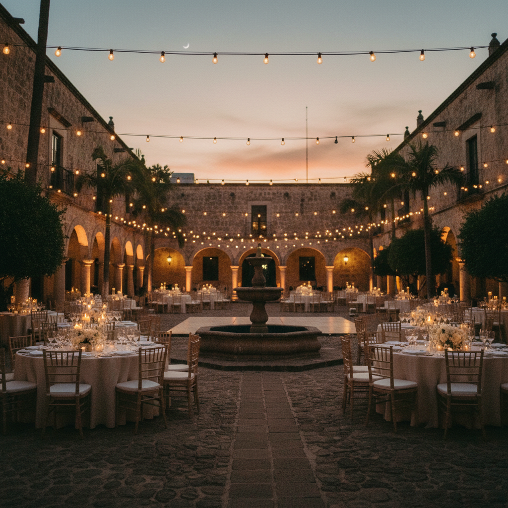 Vista amplia de una hacienda en Querétaro al atardecer, elegantemente decorada para una boda, con mesas redondas y luces cálidas.