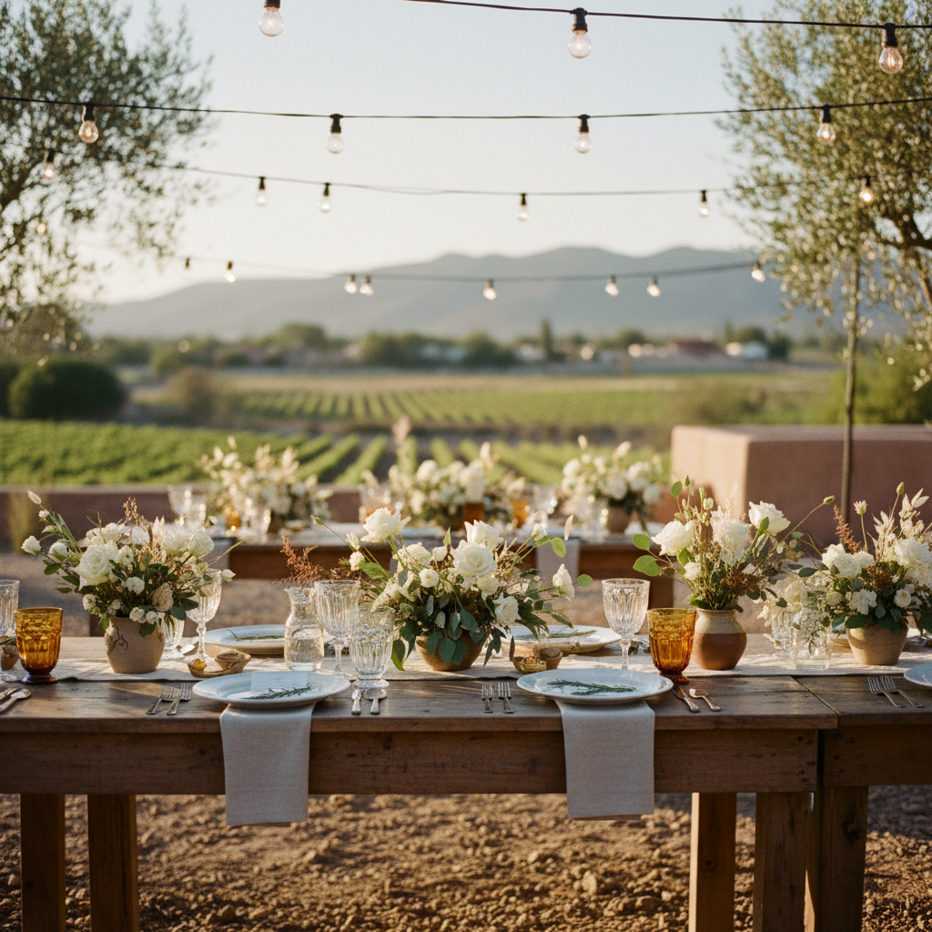 Una mesa larga de madera rústica bajo luces colgantes, dispuesta para una cena de boda íntima en Valle de Guadalupe.