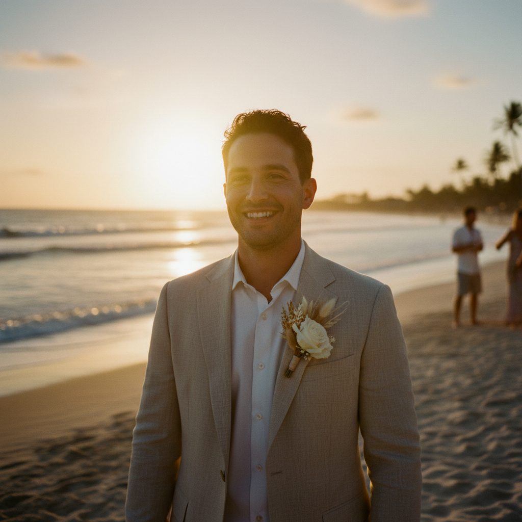 Novio sonriente luciendo un traje de lino beige en una boda en la playa al atardecer, con el mar de fondo.