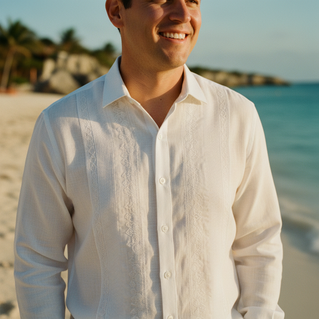 Un novio sonriente viste una guayabera de lino blanca de alta calidad durante su boda en la playa en Tulum, con el mar turquesa de fondo