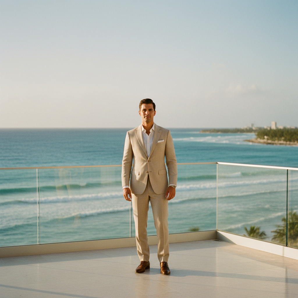 Novio posando con un traje de lino color arena en una terraza con vista al mar en la Riviera Maya, ideal como traje de novio para boda en la playa
