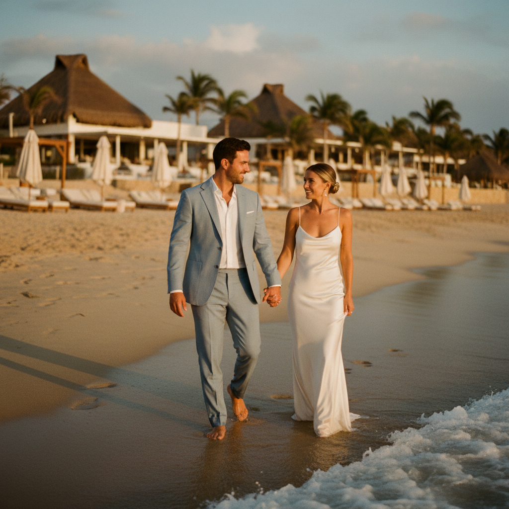 Pareja de novios en una boda elegante en la playa al atardecer; el novio lleva un traje azul claro sin corbata, mostrando una opción formal para clima cálido