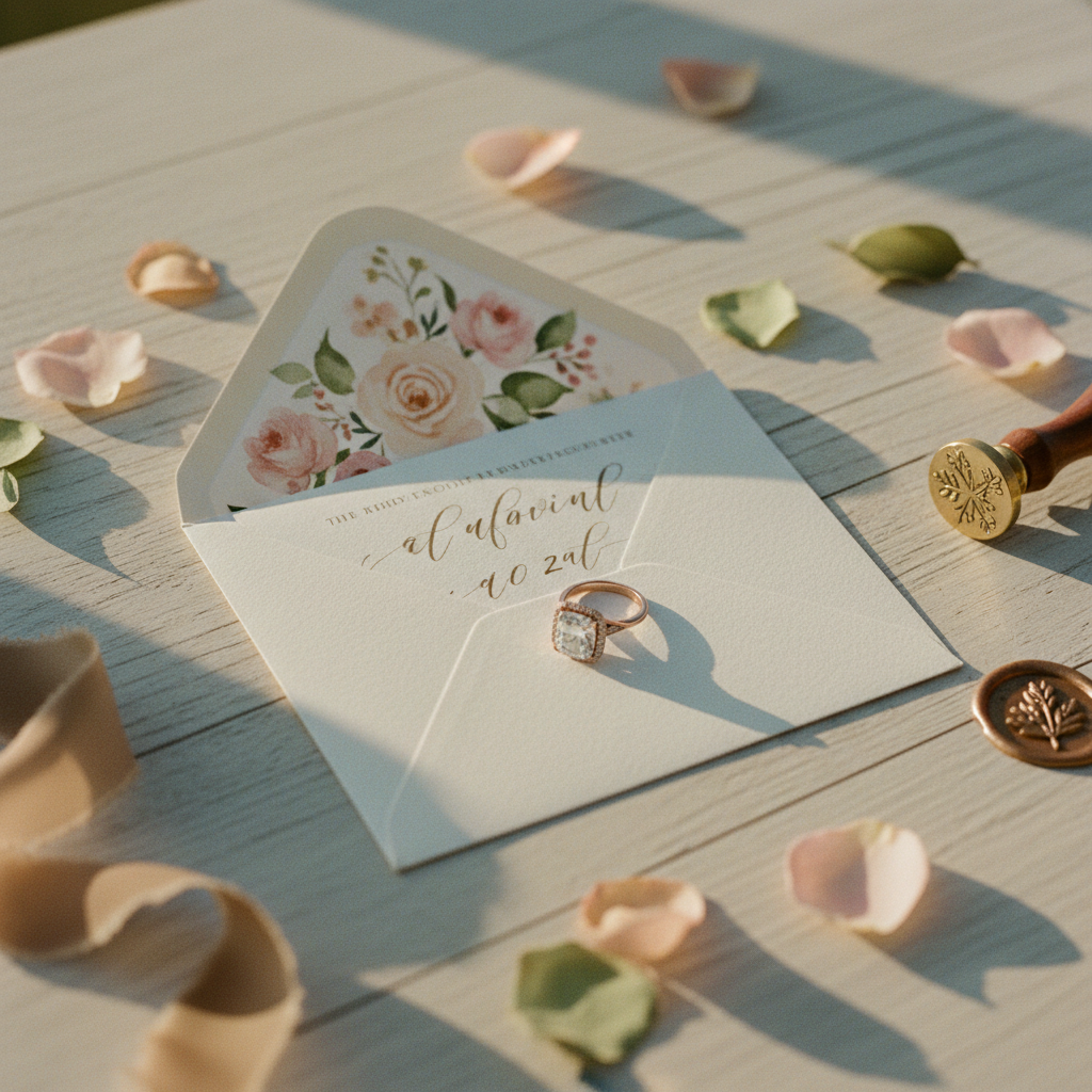 Sobre de invitación de boda con flores y anillo de compromiso en un fondo suave, con luz natural.