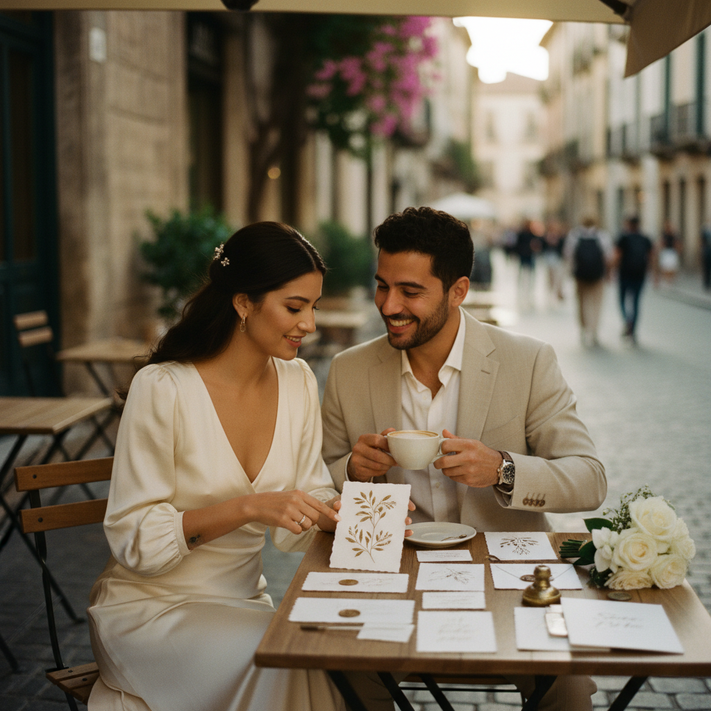 Una pareja sonriente revisa opciones de papelería, planeando cuándo enviar las invitaciones de boda desde una cafetería en la Condesa.