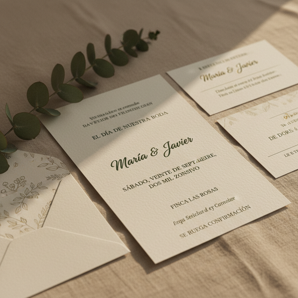 Detalle de una invitación de boda de alta calidad desplegada, un paso crucial antes de decidir cuándo enviar las invitaciones de boda.