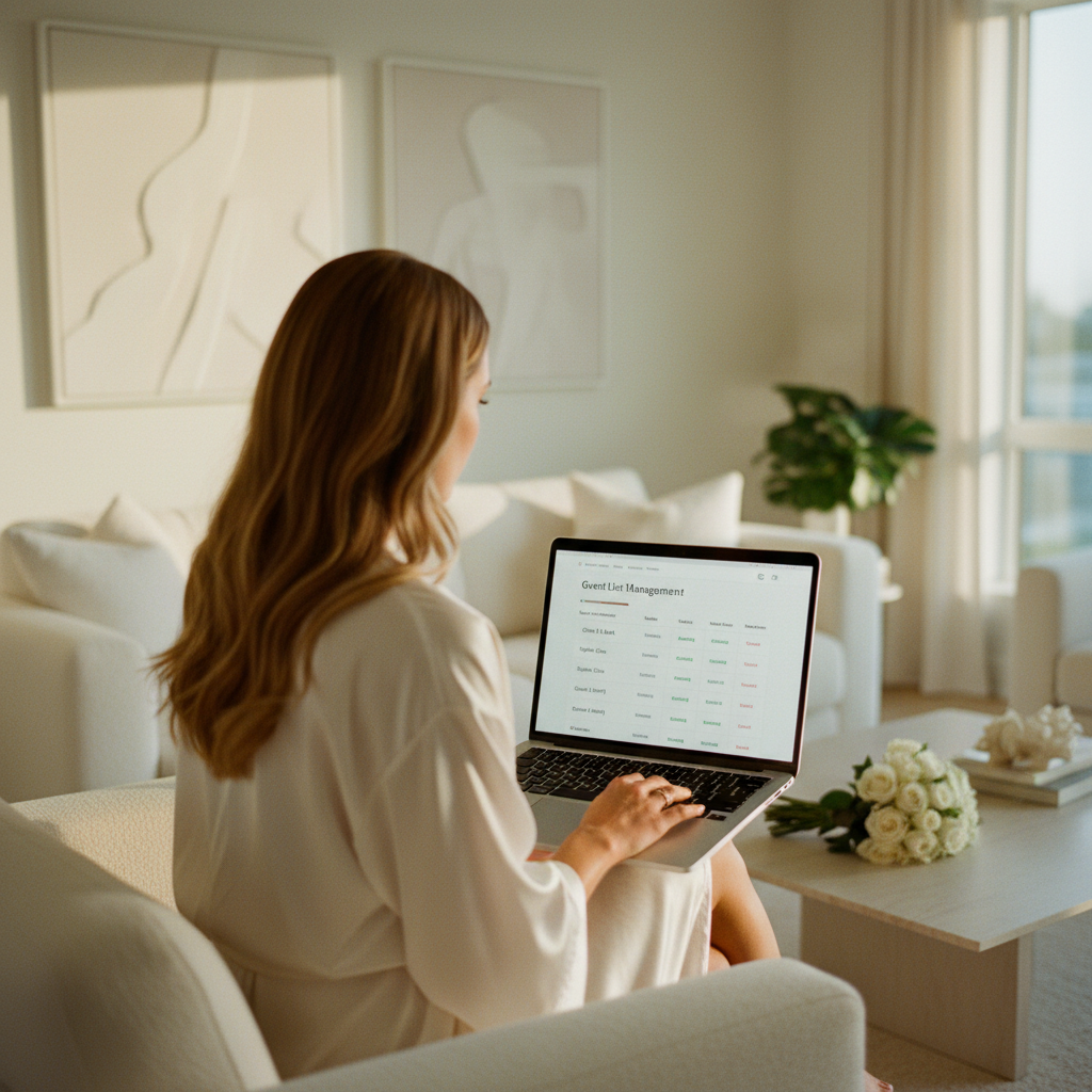 Una novia actualizando la lista de invitados en su laptop, gestionando el proceso que sigue a la decisión de cuándo enviar las invitaciones de boda.