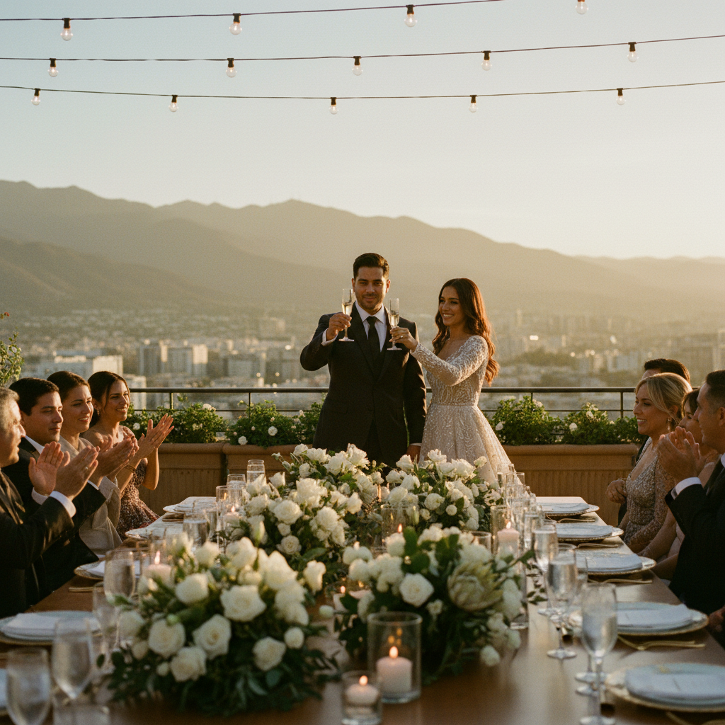 Pareja de recién casados brindando en un elegante banquete de boda en Monterrey, con mesas decoradas y ambiente festivo.